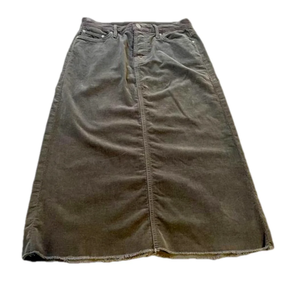 MOTHER Gray Corduroy Midi Skirt Frayed Raw Hem Size 24 - Picture 1 of 13